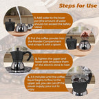 No Coating 6 Cup Aluminum and Stainless Steel Moka Pot Stovetop Espresso Maker Italian Coffee Machine 350ml 11.84oz Suitable for Gas Induction Stovetop Greca Coffee Maker Percolator Black