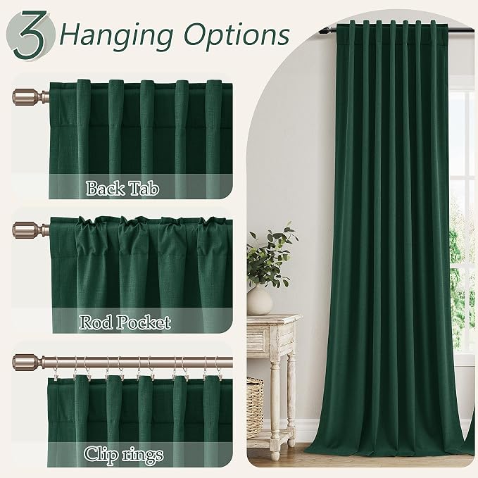 Dark Green 100% Blackout Linen Curtains 84 Inch Length 2 Panels Set - Image 6