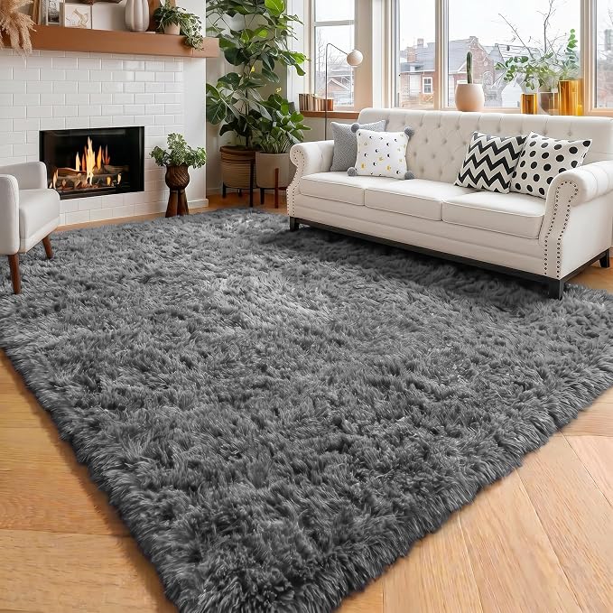 Amdrebio Grey Shag Furry Fuzzy Area Rug 5x8 by Amdrebio