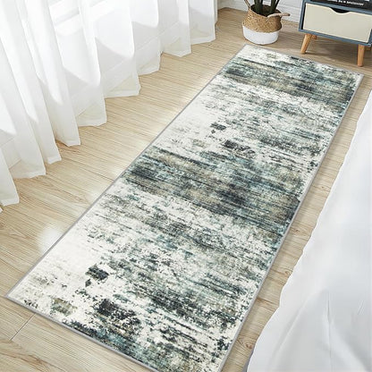 2'6''x8' Runner Rugs Washable Rug:Modern Abstract Hallway Teal Green Carpet | - Image 3