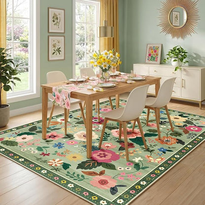 RELEANY Floral Washable 3x5 Area Rugs LightGreen | Flower Carpet Print Boho - Image 9