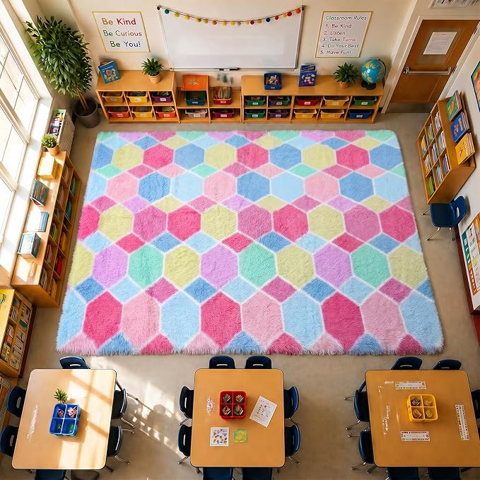 Checkered 6x9 Area Rugs for Living Room, Fluffy Pink Rainbow Girls Rug | Soft - Image 9