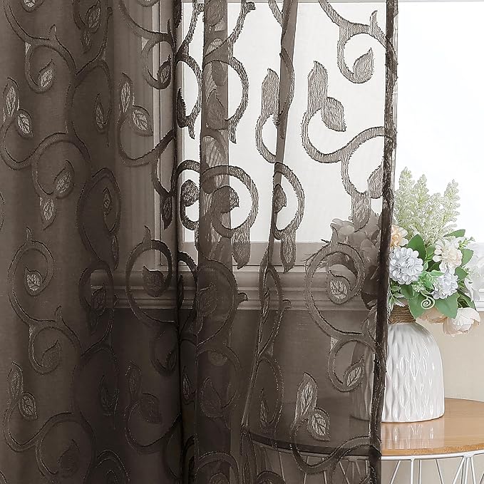 Furman Sheer Curtains Chocolate 45 Inch Length 2 Panels Set, Jacquard Clip - Image 3