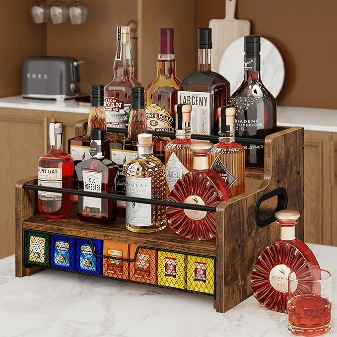 Homode Coffee Syrup Organizer Rack, 3-Tier 8 Bottles Syrup Stand with 35 K Cup Storage Drawer for Coffee Station Bar Accessories, Countertop Wood Liquor Bottle Holder for Wine, Rustic Brown