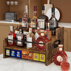 Homode Coffee Syrup Organizer Rack, 3-Tier 8 Bottles Syrup Stand with 35 K Cup Storage Drawer for Coffee Station Bar Accessories, Countertop Wood Liquor Bottle Holder for Wine, Rustic Brown