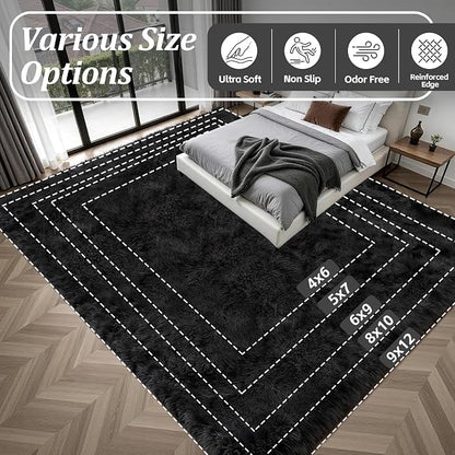 Area Rug Living Room Bedroom: 6x9 Fluffy Plush Shag Carpet Black | - Image 9