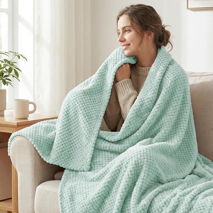 Exclusivo Mezcla Soft Waffle Fleece Bed Blanket Twin Size, Mint Green | - Image 2