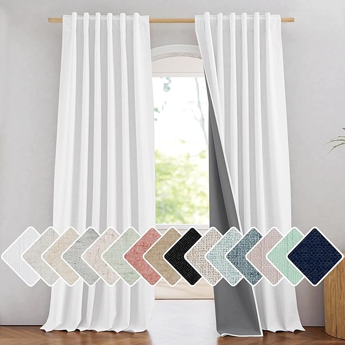NICETOWN Greyish White 100% Blackout Linen Curtains 90" Long, Farmhouse Thick by NICETOWN