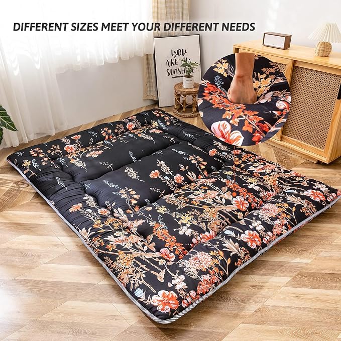 MAXYOYO Black Floral Japanese Futon Floor Mattress, Mattress Topper Portable - Image 3