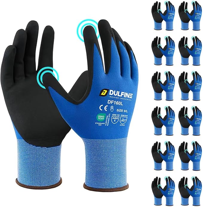 Safety Work Gloves MicroFoam Nitrile Coated-12 Pairs Pack,Blue Seamless Knit Nylon Glove with Black Micro-Foam Nitrile Grip,Ideal for General Purpose,Automotive,Home Improvement,Painting(Small)