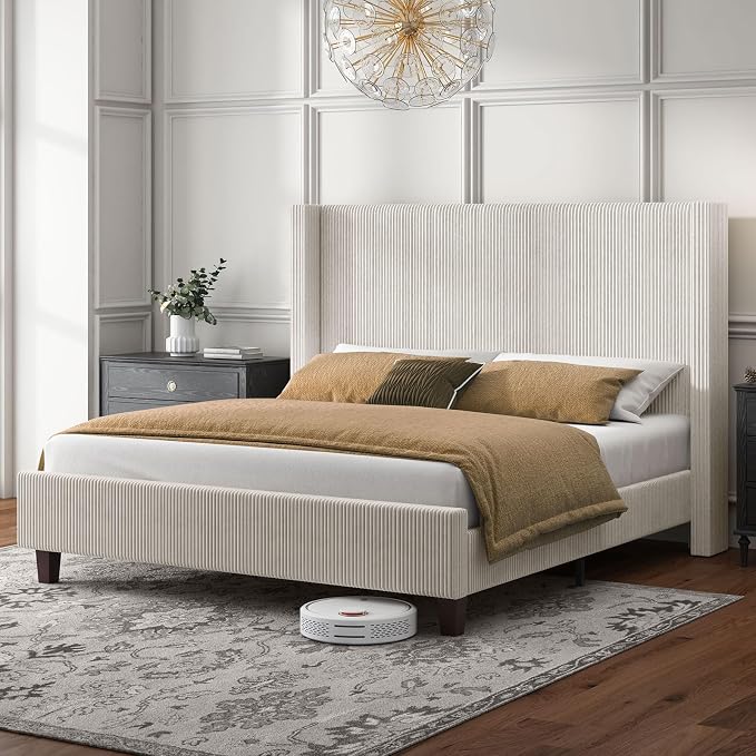 HOWE Queen Size Bed Frame with 50.8" Tall Wingback Headboard, Modern Corduroy by HOWE