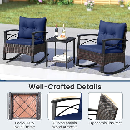 Tangkula 3 Piece Rattan Rocking Chair Set, Patio Rocker Bistro Set w/Acacia - Image 8