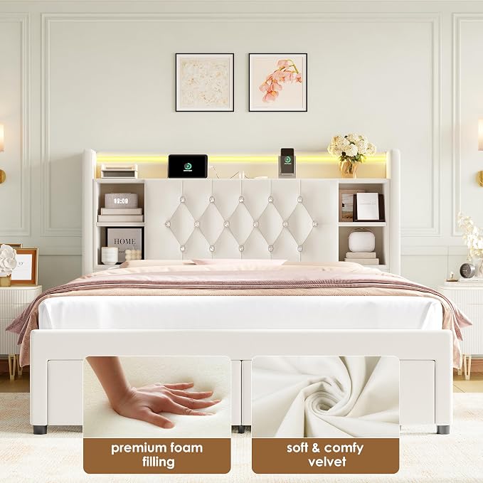 Queen Bed Frame with Drawers, Hidden-Cubby & Shelves Storage Headboard with - Image 6