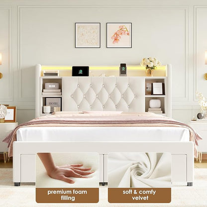 Full Bed Frame with Drawers, Hidden-Cubby & Shelves Storage Headboard with - Image 6