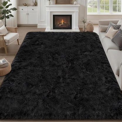 8x10 Area Rug Living Room Bedroom: Fluffy Plush Shag Carpet Black | by Luxturiy