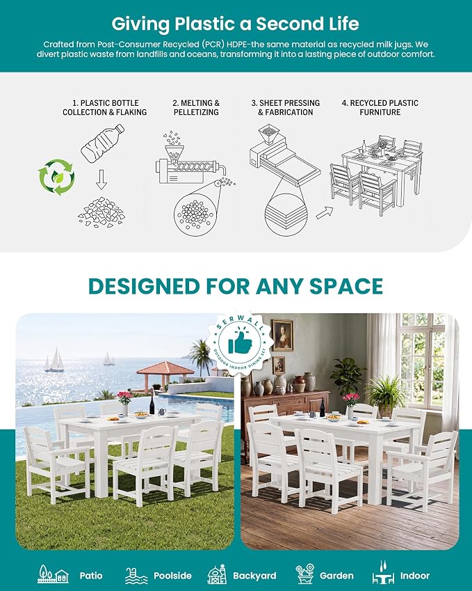 SERWALL HDPE Dining Set for 6: 1 Umbrella Hole Table, 4 Armless + 2 Armchairs. - Image 6
