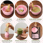 Matcha Whisk Set, 7 Pcs Matcha Kit, Ceramic Matcha Set Includes Matcha Bowl with Spout, Matcha Whisk and Holder, Bamboo Scoop, Scoop Rest, Sifter and Tea Towel (Cherry Blossom Pink)