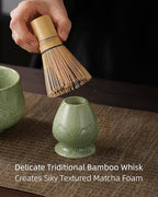 ZENS Matcha Whisk Set, 15oz Ceramic Matcha Bowl with Spout and Bamboo Whisk, (Chasen Holder) Scoop & Tea Towel, 5pcs Matcha Kit for Matcha Ceremony, Emerald Green
