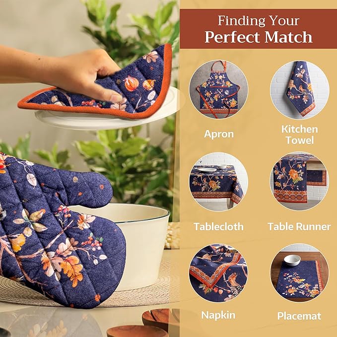 Maison d' Hermine 100% Cotton Oven Mitt & Pot Holder Set (7.5"x13" & 8"x8") Heat Resistant BBQ Cooking Gloves with Loop, Baking, Grilling, Kitchen, Handling Hot Pans (Kelim - Infinity)