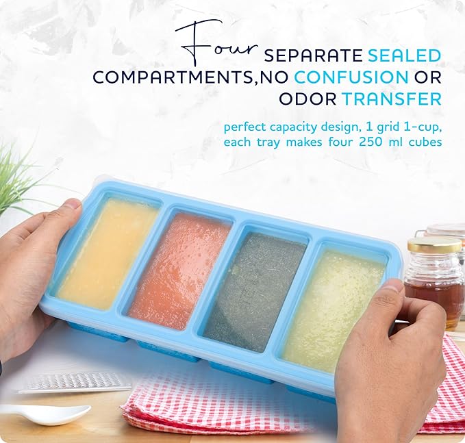 Silicone Freezer Trays with Lid,1-cup Soup Freezer Container large Ice Cube Molds with Reinforced Steel Ring Top for freezing Soup Sauce Broth Leftovers oven Dishwasher -Safe(2-Pack)