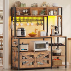 Itaar 47.2 Inch Bakers Rack with Power Outlet, Microwave Stand with Storage, Farmhouse Coffee Bar Cabinet Station with Wine Rack, Iron Grid and 8-S Hooks (Rustic Brown)