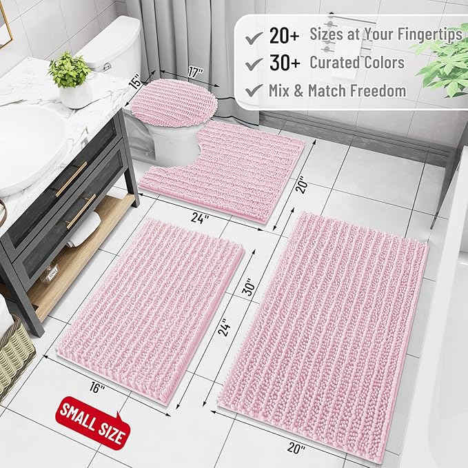 Arotive Luxury Chenille Bathroom Rug Mat, Extra Soft Thick Absorbent Shaggy Bath Rugs, Non-Slip Machine Wash Dry, Plush Bath Mats for Bathroom, Shower and Tub, 30x17, Pink