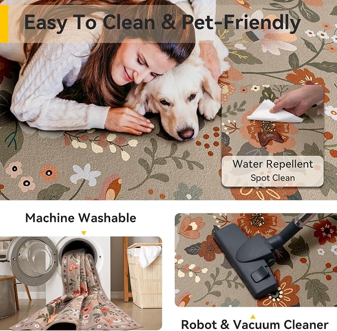 RELEANY Floral Washable 5x7 Area Rugs Brown/Brick | Flower Carpet Print Boho - Image 6