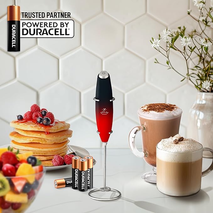 Zulay Kitchen Powerful Milk Frother Wand With 4 AA Duracell Batteries - Ultra Fast Handheld Drink Mixer - Electric Whisk Foam Maker for Coffee, Lattes, Cappuccino, Matcha & Creamer -