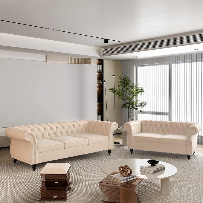 ORRD 2 Piece Living Room Set, Velvet Chesterfield Sofa Loveseat Couch - Image 3