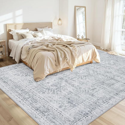 Area Rugs 9x12 Living Room: Bedroom Neutral Washable Carpet Gray | Vintage Boho - Image 2