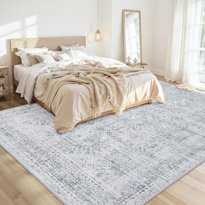 10x12 Area Rugs Living Room: Bedroom Neutral Washable Carpet Gray | Vintage - Image 2