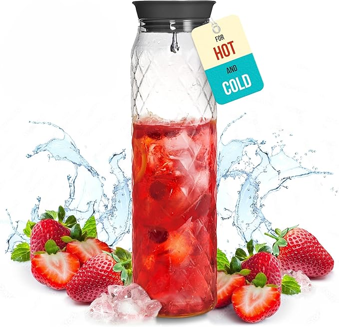 Glass Pitcher - 1.2 Liters / 41 oz, Borosilicate Glass - Water Carafe with Lid - for Hot/Cold Beverages - Milk Jug - Iced Tea Pitcher - Juice Server - by PJC-Kitchen