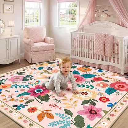 RELEANY Floral Washable Square 4ft Area Rug Pink | Flower Carpet Print Boho - Image 8