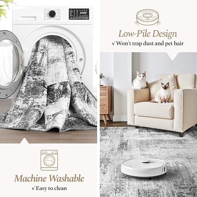 Rugflix 5x7 Area Rugs for Living Room, Washable Grey Large Rug | Machine - Image 2