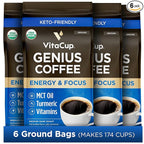 VitaCup Organic Genius Ground Keto Coffee, Increase Energy & Focus w/MCT Oil, Turmeric, B Vitamins, D3, USDA Organic Ground Coffee Medium Dark Roast, 100% Arabica Beans, 6 bags, 10 oz each