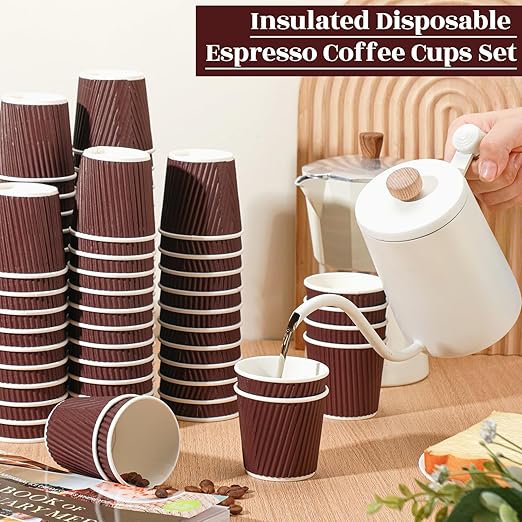 Yaomiao 200 Pcs 4 oz Disposable Espresso Coffee Cups Ripple Corrugated Paper Insulated Hot Cups for Party Cold Drinks Hot Beverage Tea(Coffee)