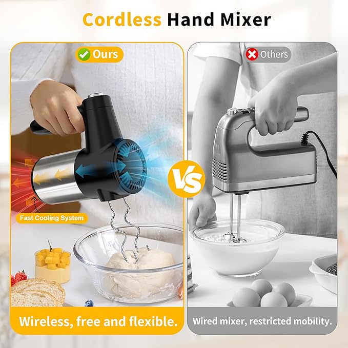Cordless Hand Mixer, Digital Display 7 Speed Rechargeable Electric Mixer Handheld with 6 Stainless Steel Attachments Whisks Beaters Dough Hooks & Storage Base, Kitchen Blender for Baking, Eggs, Cakes
