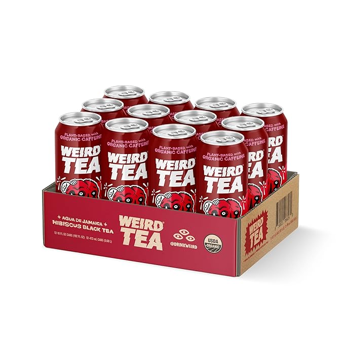 Drink Weird Organic Agua de Jamaica Hibiscus Black Tea – 16oz Cans, 160mg Organic Caffeine, Pack of 12 – Bold & Refreshing Energy Drink Alternative