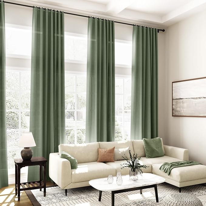 Olive Green Linen Sheer Curtains 96 Inches Long 2 Panel Set Back Tab Rod Pocket - Image 6