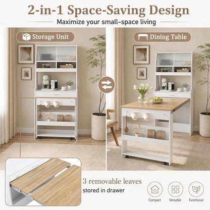 Kitchen Storage Cabinet with Hutch and Extendable Dining Table, 33.5" - Image 2