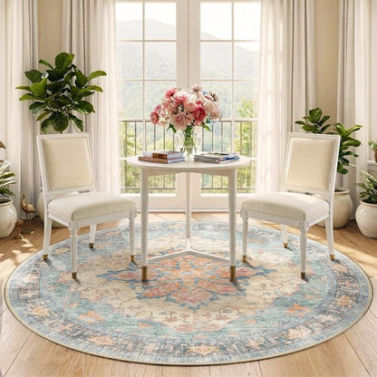 RELEANY Washable Area Rug, Round 5ft, Water Repellent, Pet Friendly, Vintage - Image 3