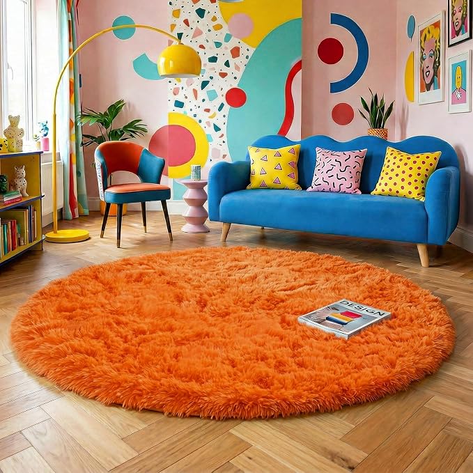Amdrebio Orange Shaggy Round Area Rug 5Ft by Amdrebio