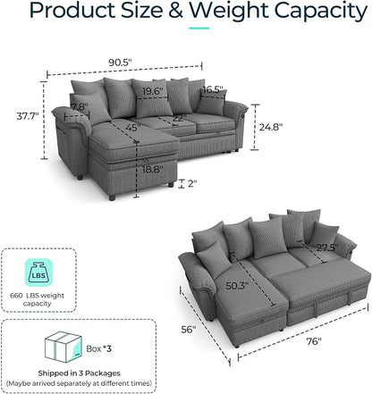 LINSY HOME 90.5'' Sectional Sleeper Sofa - Image 2