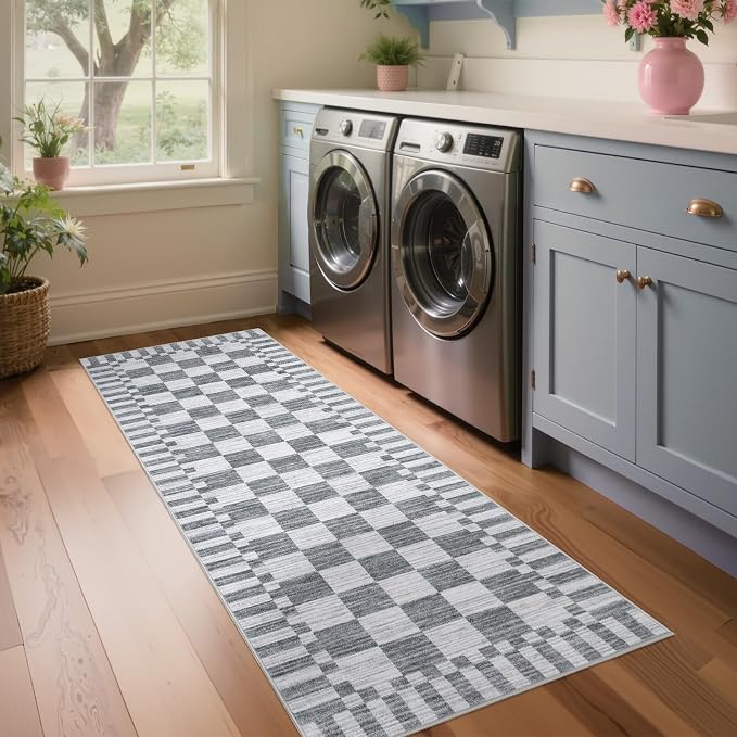 GarveeHome 2.5x10 Grey Checkered Kitchen Runner Rug - Image 3