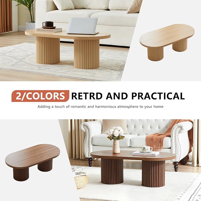 Oval Fluted Coffee Table, Farmhouse Wood Coffee Table Mid Century Modern Center - Image 6