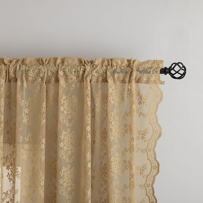 YJ YANJUN Vintage Lace Curtains 72 Inches Long-Victorian Floral Pattern Tan - Image 2