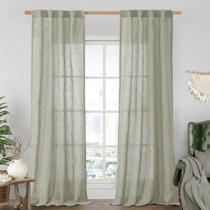 Sage Grey Linen Boho Sheer Curtains 84 inch Length 2 Panels | Light Filtering by LAMIT