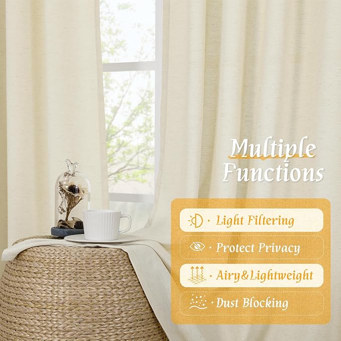 Semi Sheer Light Beige Linen Curtains 63 inch Length - Image 9