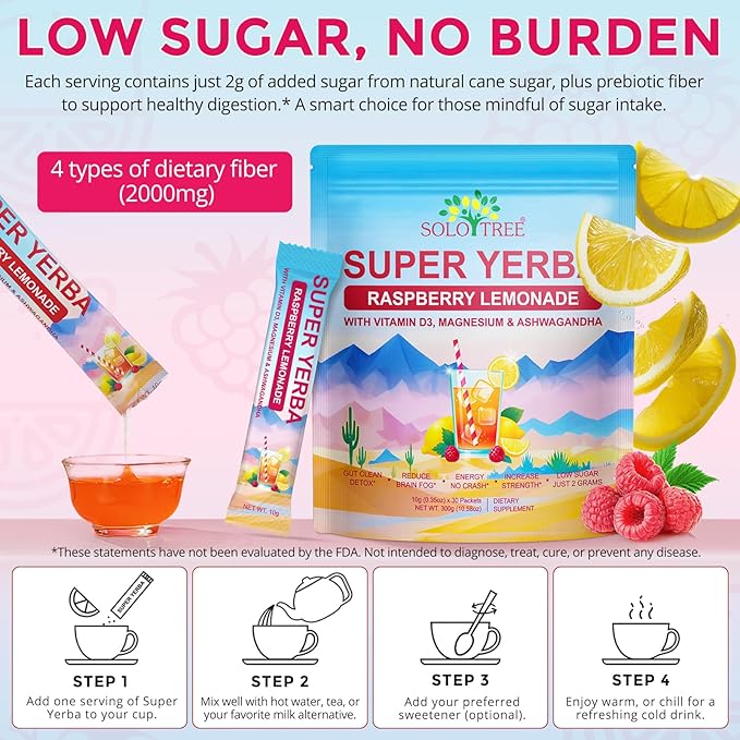Yerba Mate Instant Tea Powder -Super Yerba Mate 30 Servings with Vitamin D3, Magnesium & Ashwagandha | Energy, Focus & Digestive Health | Low Sugar