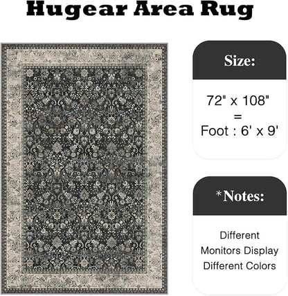 6x9 Black Beige Vintage Floral Washable Area Rug - Image 2